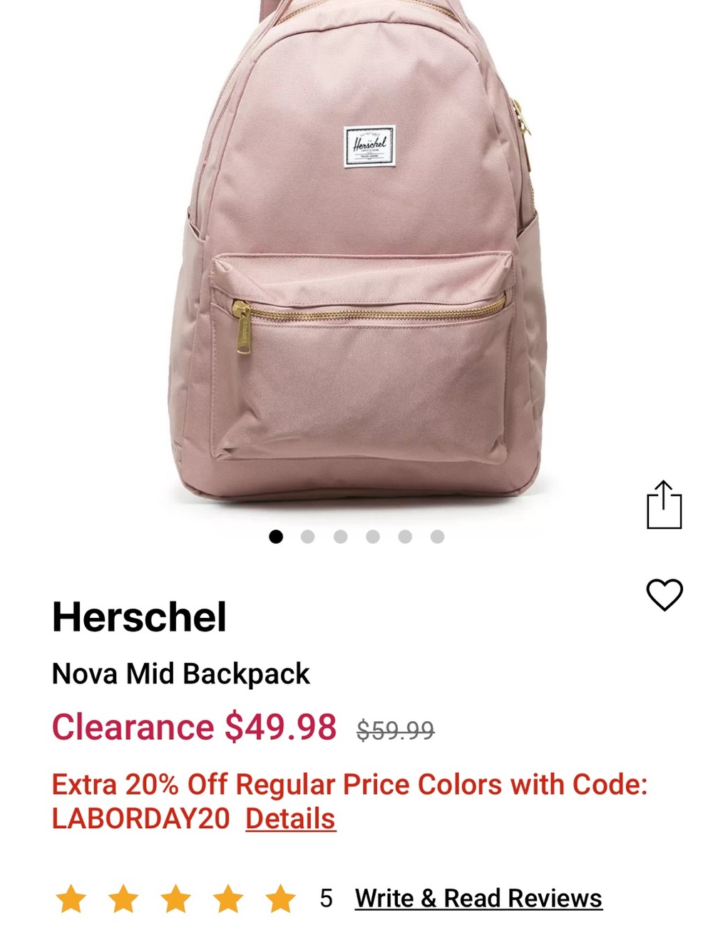 Herschel Supply Company Mid Backpack in Blush Pink with Gold Hardware